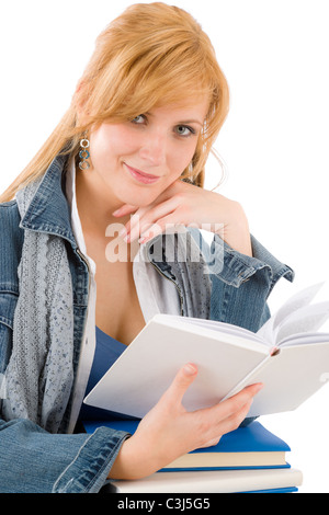 Student young woman hold book on white Stock Photo