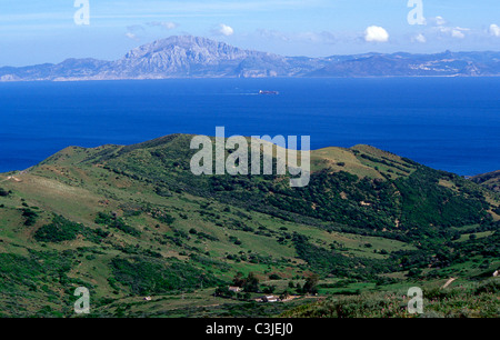 Strait of Gibraltar and Africa coast seen from El Mirador del Estrecho near Tarifa .Cadiz province . Andalusia.Spain. Stock Photo