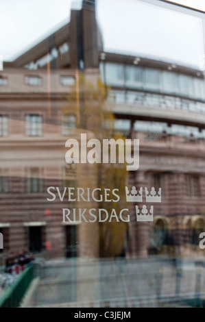 Swedens parliament building and logo Stock Photo