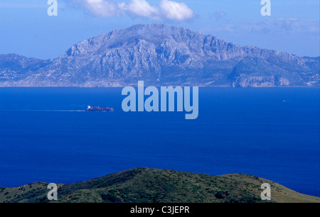 Strait of Gibraltar and Africa coast seen from El Mirador del Estrecho near Tarifa .Cadiz province . Andalusia.Spain. Stock Photo