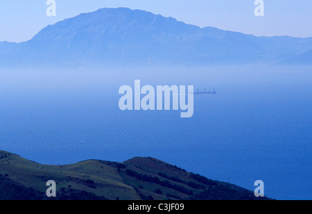 Strait of Gibraltar and Africa coast seen from El Mirador del Estrecho near Tarifa .Cadiz province . Andalusia.Spain. Stock Photo