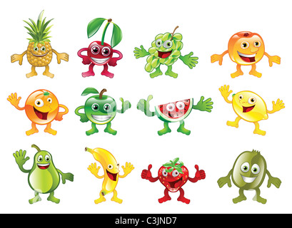 A set of happy cute colourful fruit character mascots Stock Photo