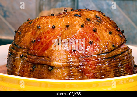 Glazed Cooked Baked Hickory Smoked Spiral Cut Honey Ham Stock Photo