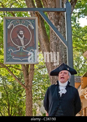 An actor portraying George Washington delivers a speech outside the Raleigh Tavern in Colonial Williamsburg, VA. Stock Photo