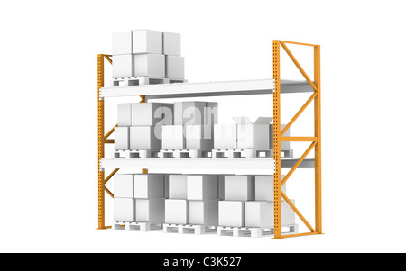 Warehouse shelves. Pallet Rack, Half full. Isolated on white. Part of warehouse series. Stock Photo