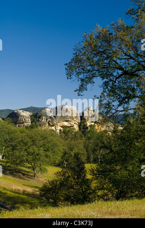 Oak trees, green hills, and rock outcrop in spring, Ventana Wilderness, Los Padres National Forest, California Stock Photo