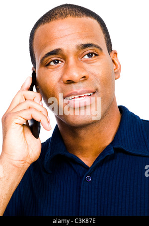 African American man talking on a mobile phone isolated over white Stock Photo