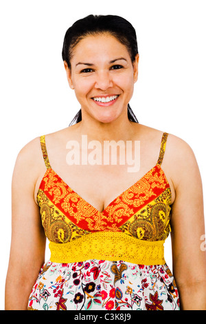 Mixed race young woman smiling and posing isolated over white Stock Photo