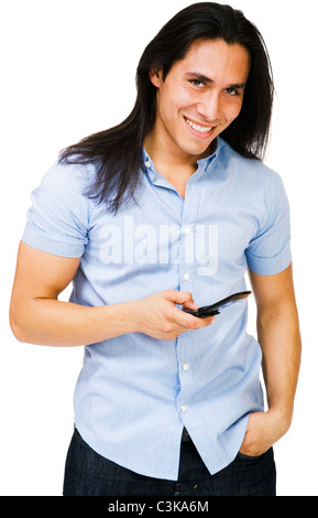 Happy man text messaging on a mobile phone isolated over white Stock Photo