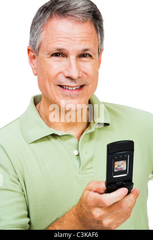 Happy man text messaging on a mobile phone isolated over white Stock Photo