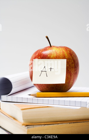 An apple on a note pad, close-up. Stock Photo