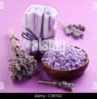 Soap with sea-salt and dried lavender. Stock Photo