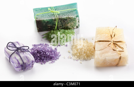 Range of different soaps on a white background. Stock Photo