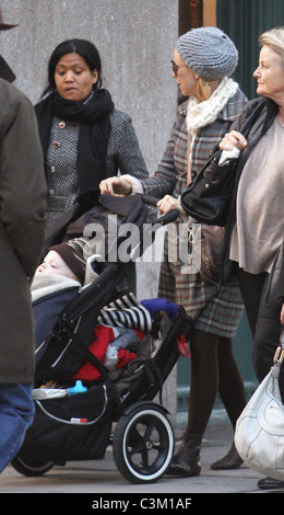 Naomi Watts out walking in SoHo with her mother, Miv Watts, her son, Samuel, and his nanny. New York City, USA - 01.12.09 Stock Photo