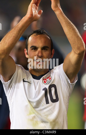 Landon Donovan of the United States acknowledges supporters after the USA defeated Algeria in a 2010 World Cup soccer match. Stock Photo
