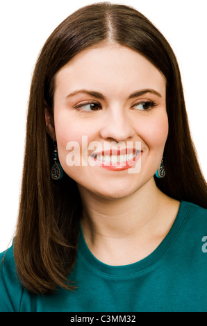 Gorgeous young woman day dreaming and smiling isolated over white Stock Photo