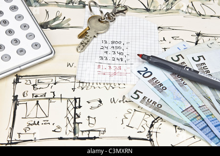 the blueprint of a house with keys, a calculator, a pencil, money and a calculation for expenses Stock Photo