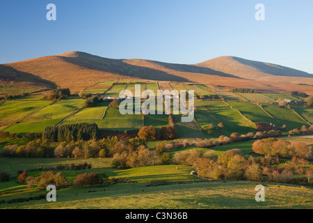 Sawel and Dart mountains rise above Glenelly Valley, Sperrin Mountains, County Tyrone, Northern Ireland. Stock Photo