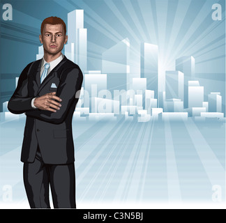 Confident young businessman in front of city skyline background concept Stock Photo