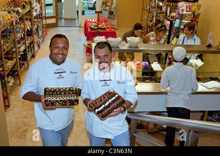 Western Cape, Franschhoek, Huguenot Fine Chocolats, Owners Danver Windvogel (R) and Denver Adonis (L) showing their products Stock Photo
