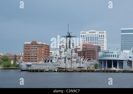 Virginia, Norfolk, Freemason Harbor. Battleship U.S.S Wisconsin museum, docked after serving in three wars. Stock Photo