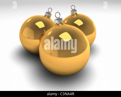 Three gold christmas bulbs with silver hangers, 3d render Stock Photo