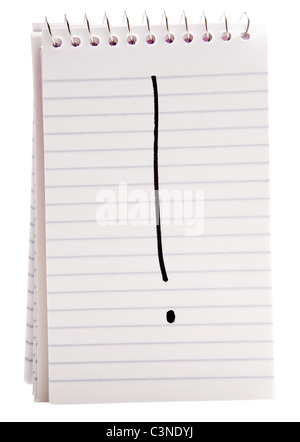 Close-up of exclamation point on a spiral notebook isolated over white Stock Photo
