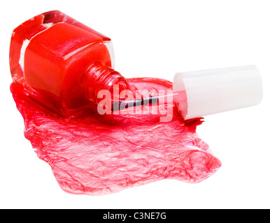Red nail polish spilling from a bottle isolated over white Stock Photo