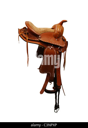 saddle for horse from leather isolated on white Stock Photo