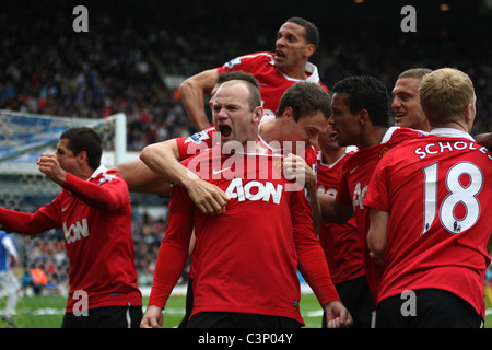 Wayne Rooney celebrates his equalising and championship winning goal against Blacburn Rovers Stock Photo