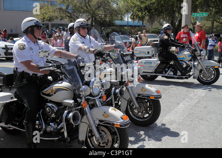 Plant City Florida,South Evers Street,Florida Strawberry Festival,Grand Parade,sheriff,police,motorcycle motorcycles,man men male adult adults,visitor Stock Photo