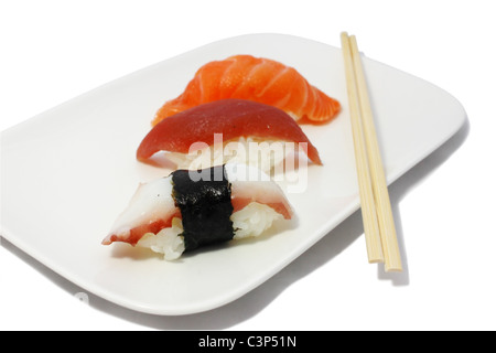 saki sushi and sticks on the plate isolated Stock Photo