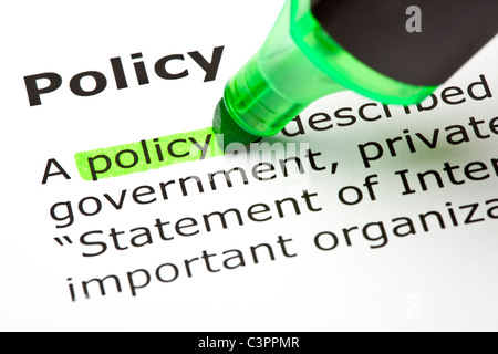 The word 'Policy' highlighted in green Stock Photo