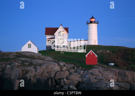 A Classic New England Lighthouse, The Nubble Light After Dark, Cape Neddick, Maine, USA Stock Photo