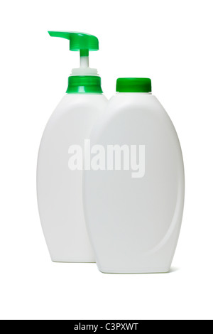 Plastic bottles of liquid soap on white background Stock Photo