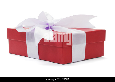 Red gift box with bow ribbon on white background Stock Photo