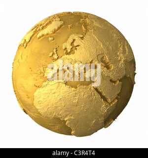 Gold globe - metal earth with realistic topography - europe, 3d render Stock Photo