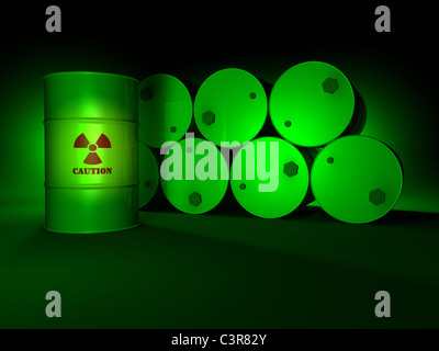 Radioactive barrels in the green light, dark background, 3d render Stock Photo
