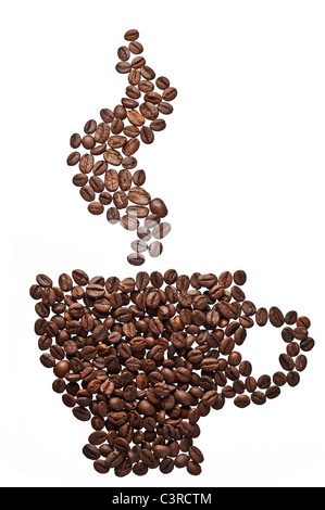 Coffee beans in the form of coffee cup and steam. Stock Photo