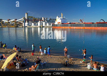 Bulk freighter carrying grain at the port of Necochea, Argentina. Stock Photo