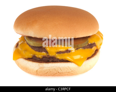 Authentic Freshly Cooked Double Cheese Burger In A Toasted White Bread Bun Against A White Background With A Clipping Path And No People Stock Photo