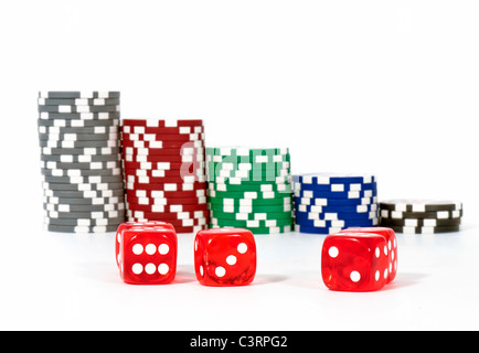 Dice with chips gabling, isolated on white background Stock Photo