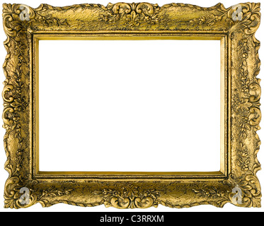 Old gilded golden wooden frame isolated with clipping path inside and outside Stock Photo