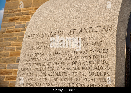 Detail of inscription on the Irish Brigade Monument by Observation Tower overlooking Bloody Lane, Antietam National Battlefield. Stock Photo