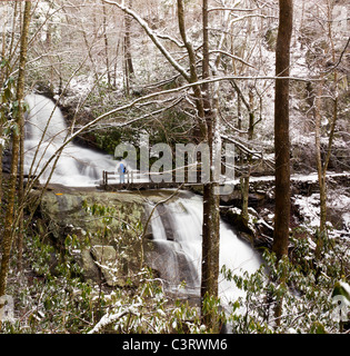 Snow covers the leaves and mountain as Laurel falls cascades over the mountain and lone hiker stands on bridge Stock Photo