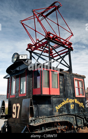 Small electric switch engine used by the Anaconda Copper Mining Company in Anaconda, Montana. Stock Photo
