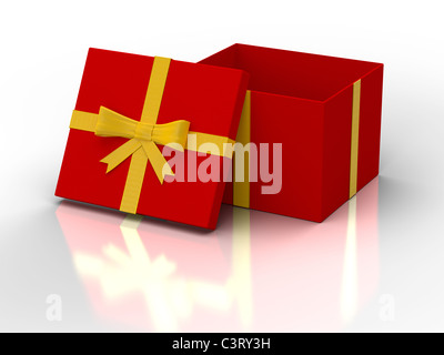 Open red gift box with yellow ribbon on white background Stock Photo