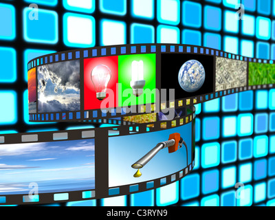 Filmstrip with technology and environment images on blue background Stock Photo