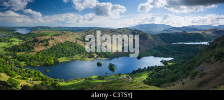 Rydal Water and Loughrigg Fell from Nab Scar with Windermere (left) and Grassmere (right). Lake District.  Cumbria. England. UK. Stock Photo