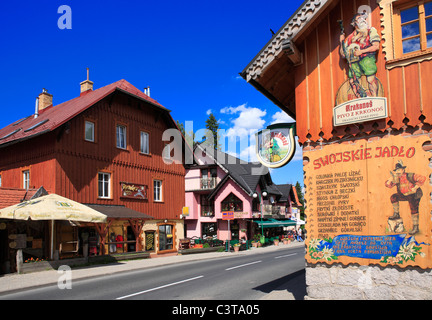main street with restaurants and pubs. Karpacz former german city Krummhübel Karkonosze, Poland europe Stock Photo